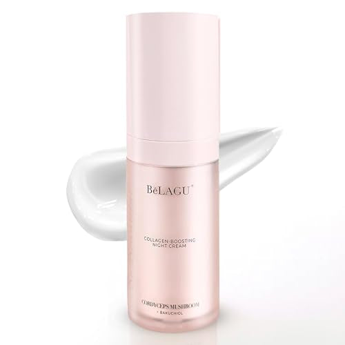BeLagu Collagen Boosting Night Cream with Bakuchiol & Adaptogenic Mushrooms - Natural Retinol Alternative Moisturizer for Firming, Smoothing & Stress Defense - Vegan Skincare Face Cream (1 fl oz)