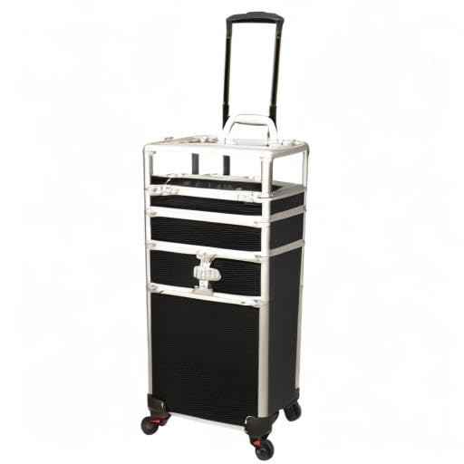 JC Beauty 7 in 1 Professional Interchangeable Rolling Makeup Nail Tech Train Case Travel Storage Clear Acrylic, Black Stripe