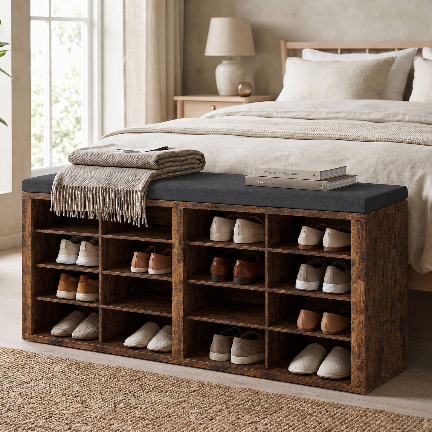 Shoe Storage Bench With Cushion 16 Cubby Rack Multifunctional