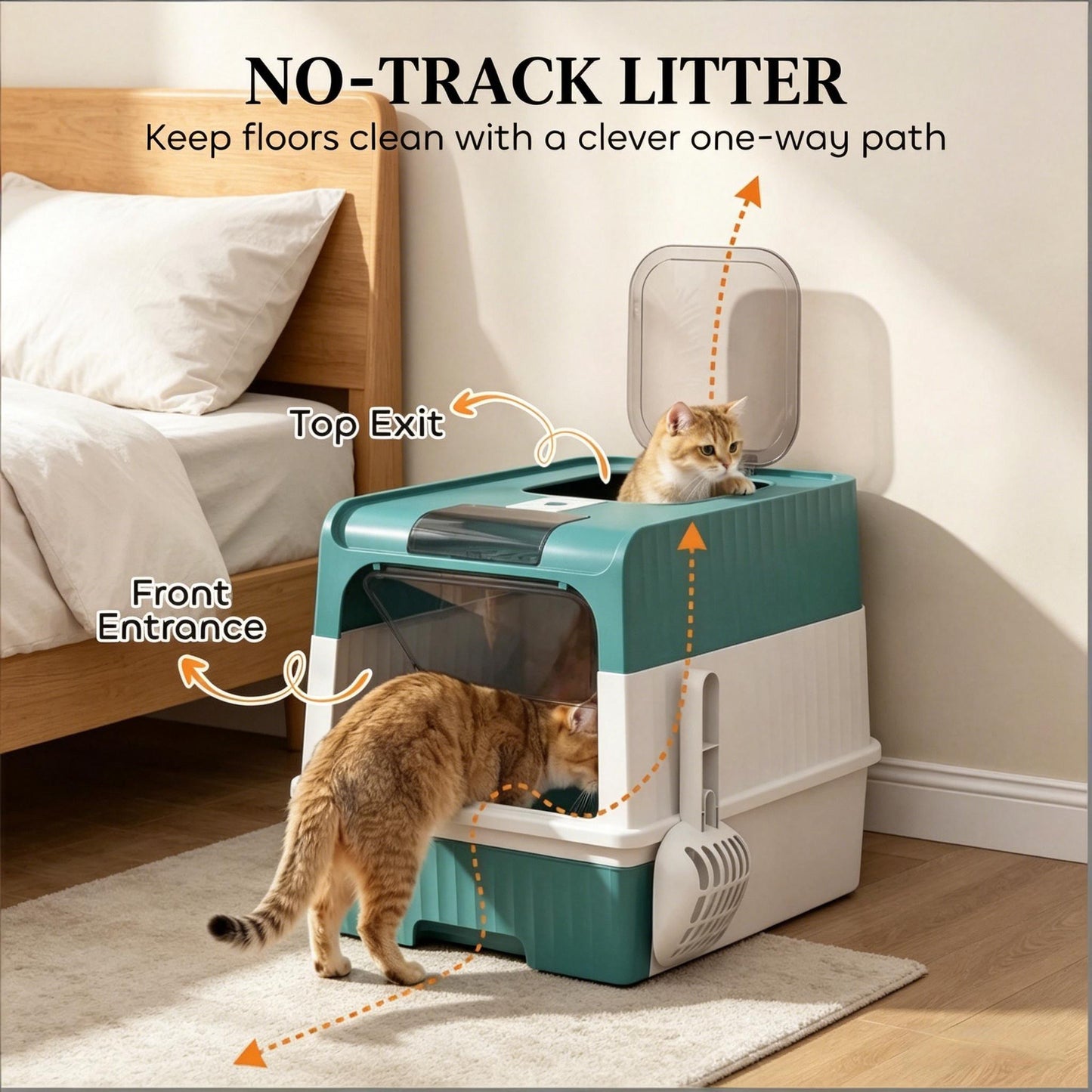 Enclosed Cat Litter Box with Slide-Out Tray - Black, Teal, White