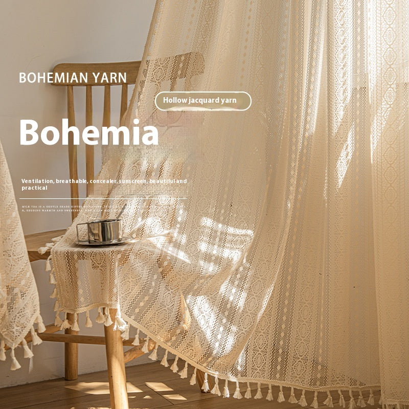 Wood Color Lace Mesh Curtains for Living Room & Bedroom - Bohemian Dots