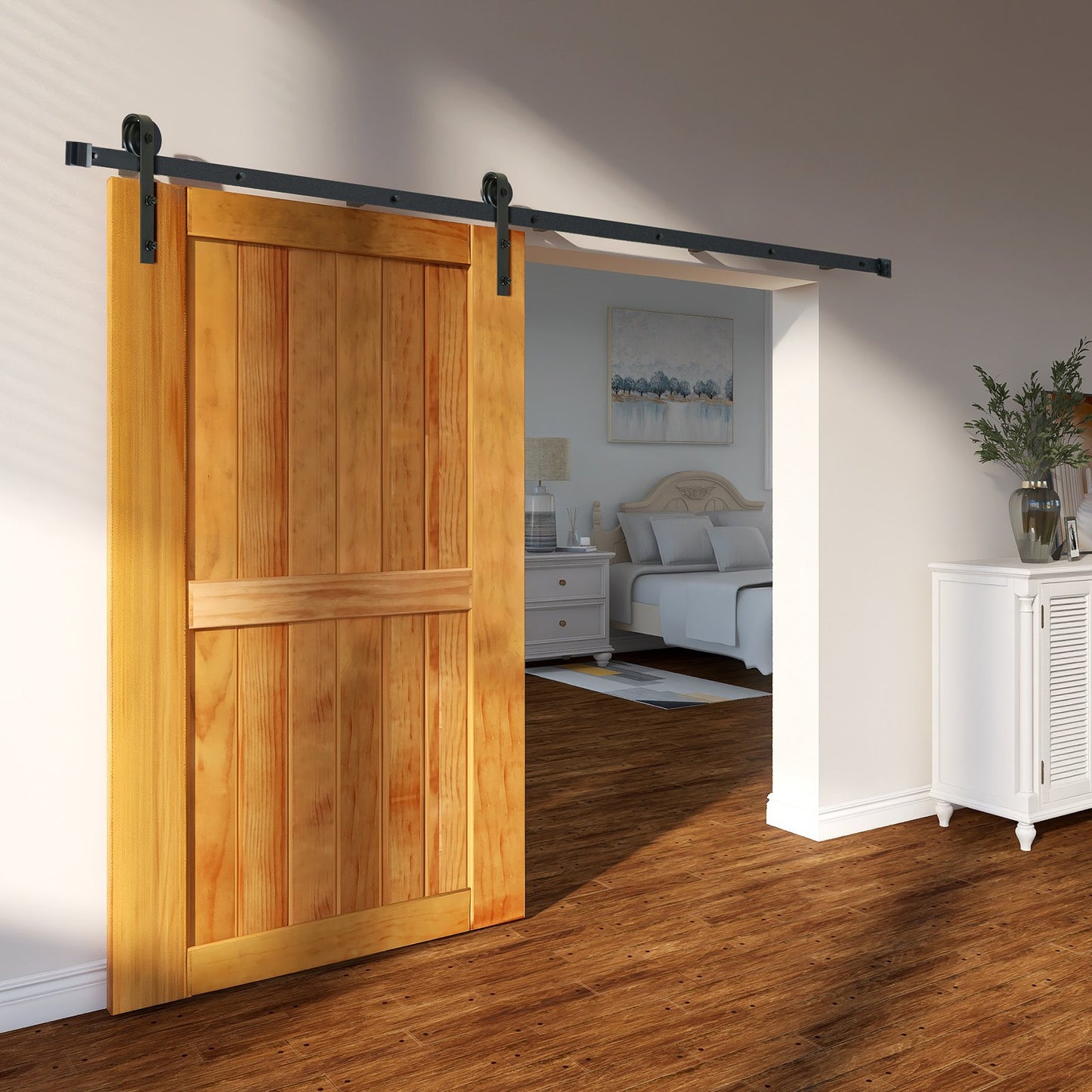 Heavy Duty 8FT Sliding Barn Door Hardware Kit for Single Door Black
