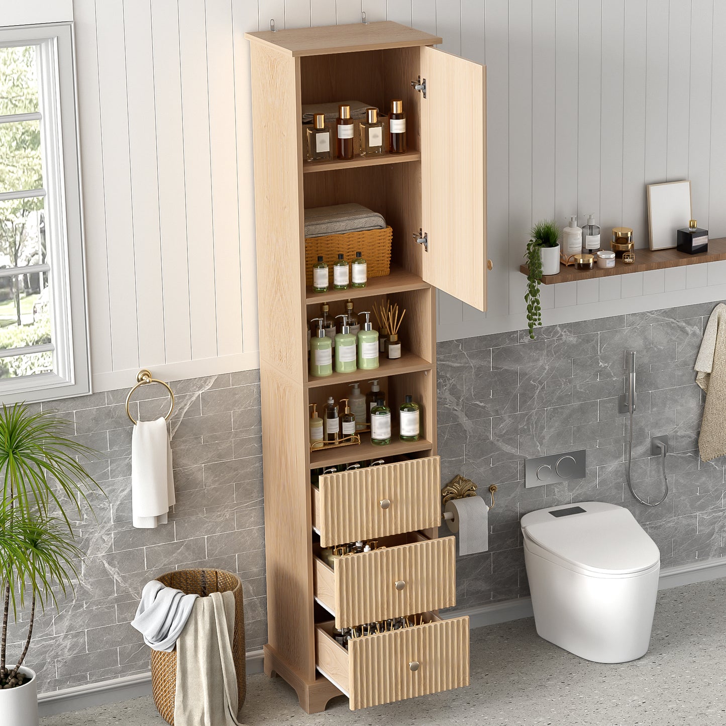 67.7" Tall Freestanding Bathroom Cabinet - 1 Door, 3 Drawers, Gold Metal Handles