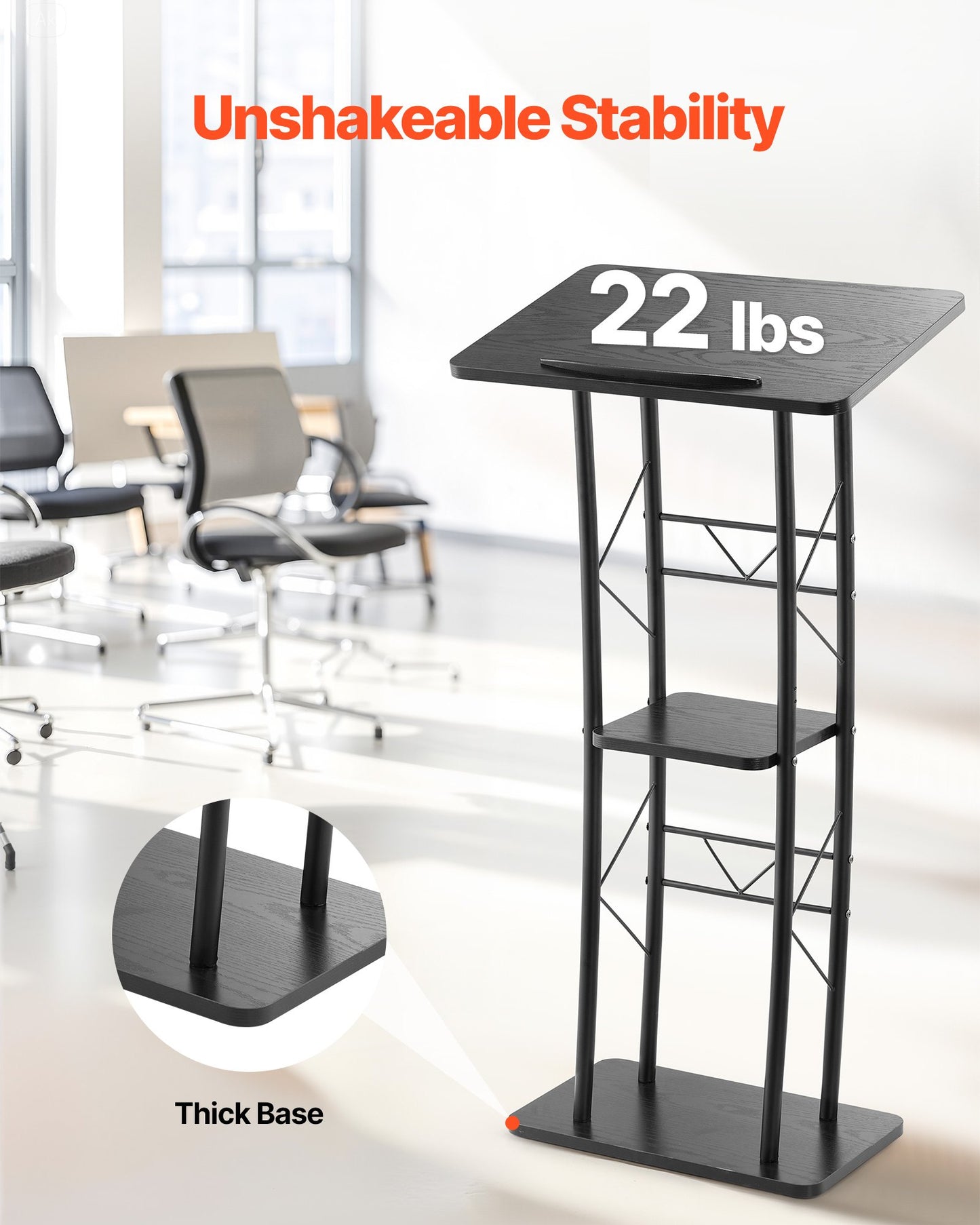 Curved Metal Lectern Podium Stand with Storage Shelf - Black