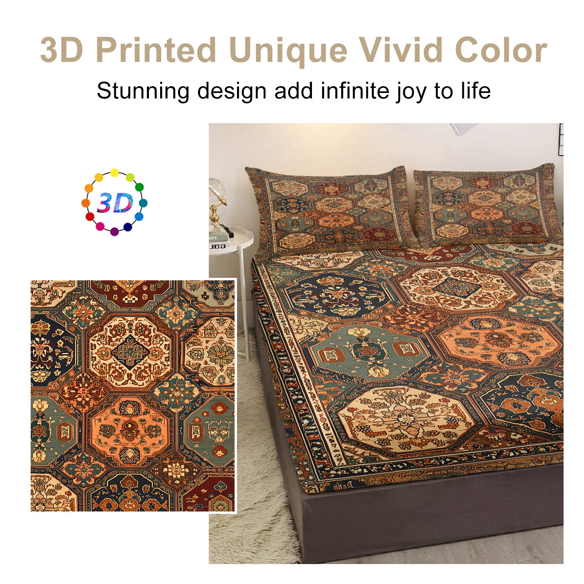 3-Piece Retro Bohemian Bedding Set - Fitted Sheet & Pillowcases
