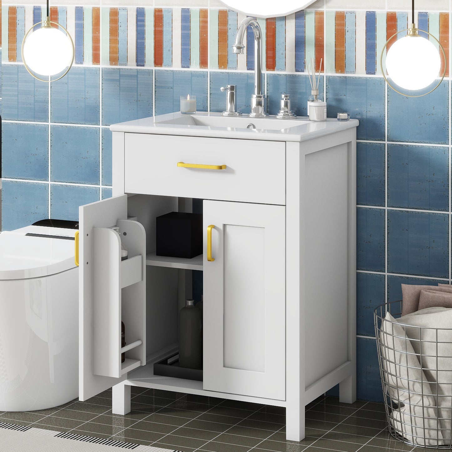 24" Bathroom Vanity Combo with Ceramic Sink - Gold & White