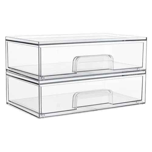 Vtopmart 12.1''W Clear Stackable Storage Drawers,2 Pack Acrylic Plastic Organizers Bins for Makeup Palettes, Cosmetics, and Beauty Supplies,Ideal for Vanity, Bathroom,Cabinet,Desk Organization