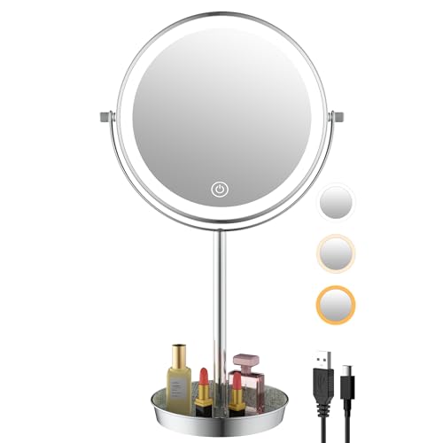 8" Lighted Makeup Mirror with 3 Color Lights and 1X 10X Magnification, Magnifying Vanity Mirror with Jewelry Holder and Storage Base, Dimmable,Touch Control, Chrome