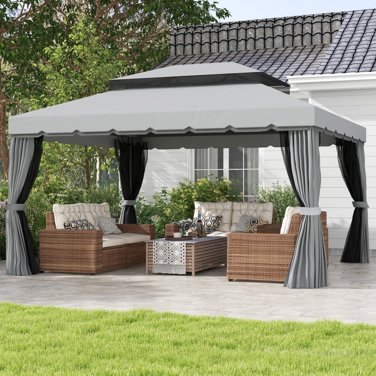 10x13 Outdoor Patio Gazebo Canopy with Double Roof & Curtains
