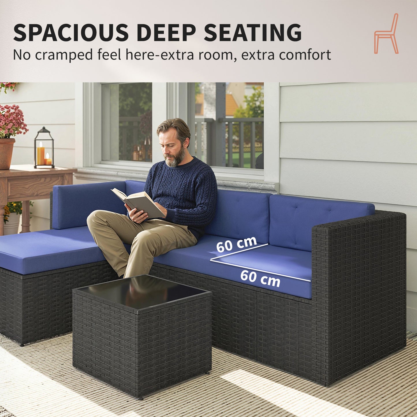 3-Piece Wicker Patio Furniture Set with Cushions & Glass Table - Navy Blue