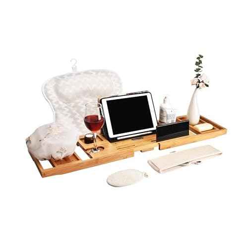 Expandable Folding Bathtub Tray and Tub Pillow, with Handmade Shower Cap and Bathing Luffa Noodle 2-Piece Set