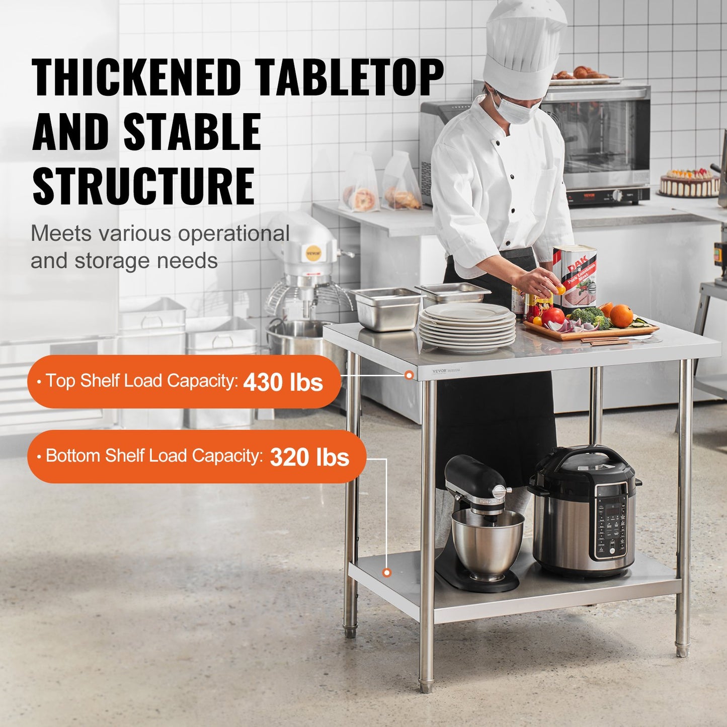 Heavy Duty Stainless Steel Prep Table - 24 x 36 Inch, Adjustable Height