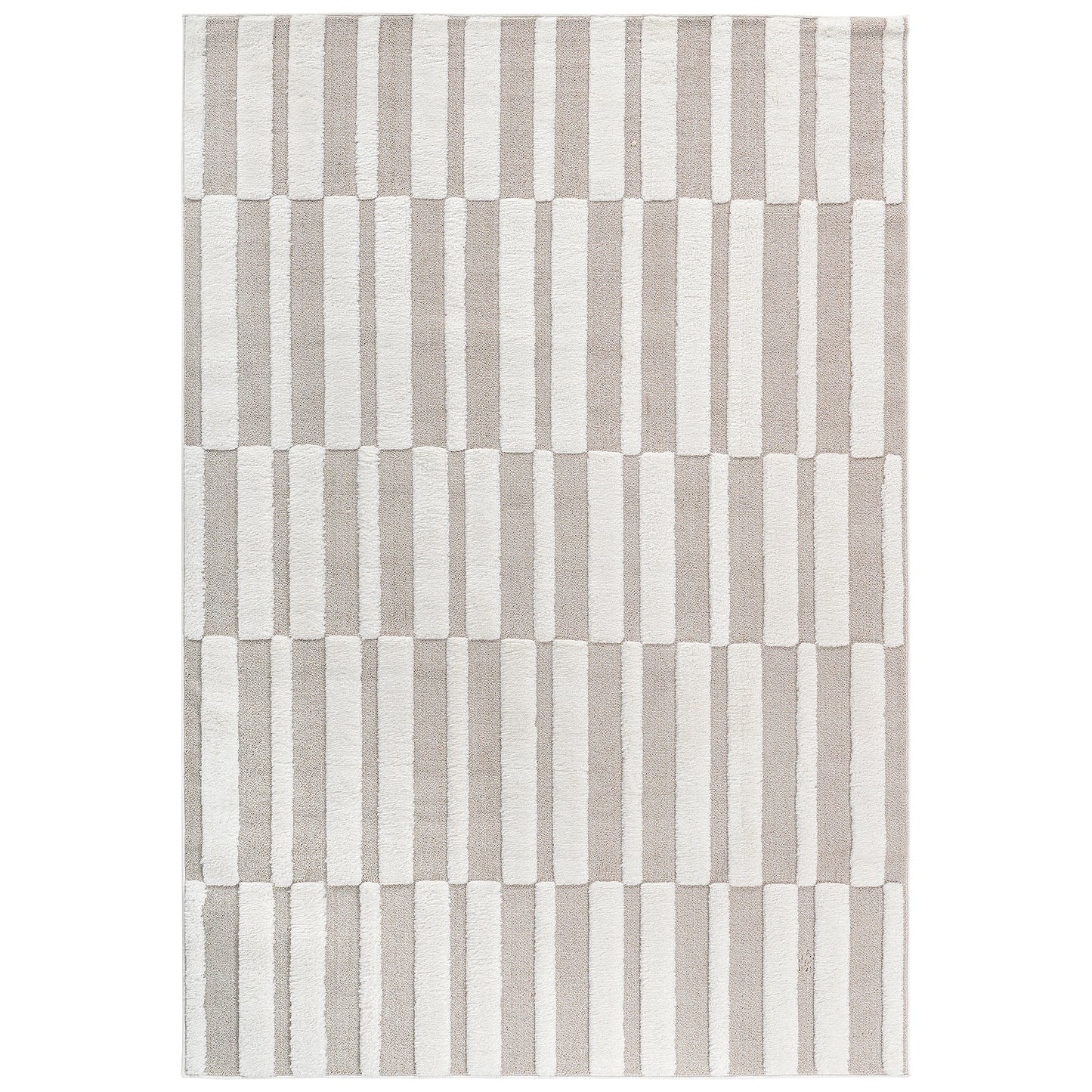 Step Collection High-Low Striped Beige Cream Indoor Area Rug ,