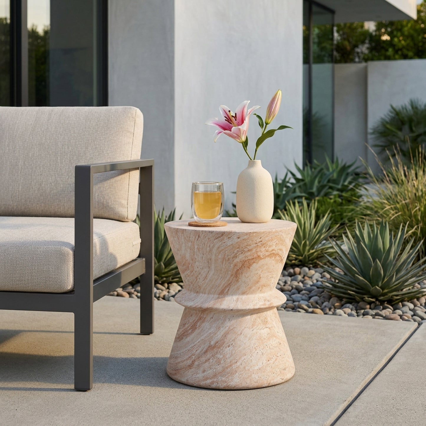 Lightweight Concrete Side Table with Travertine Finish - Beige