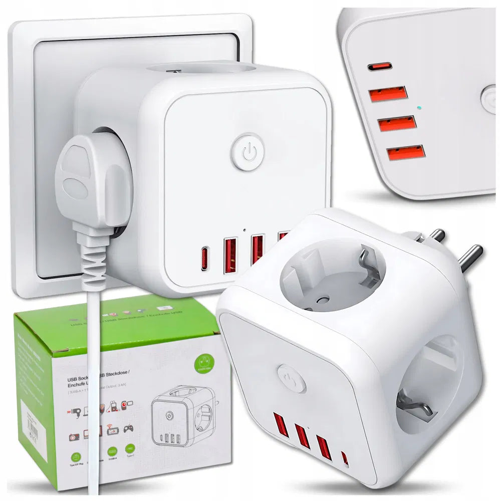 7-in-1 Multi-Function Electrical Socket Adapter 250V 4000W EU Plug USB-C
