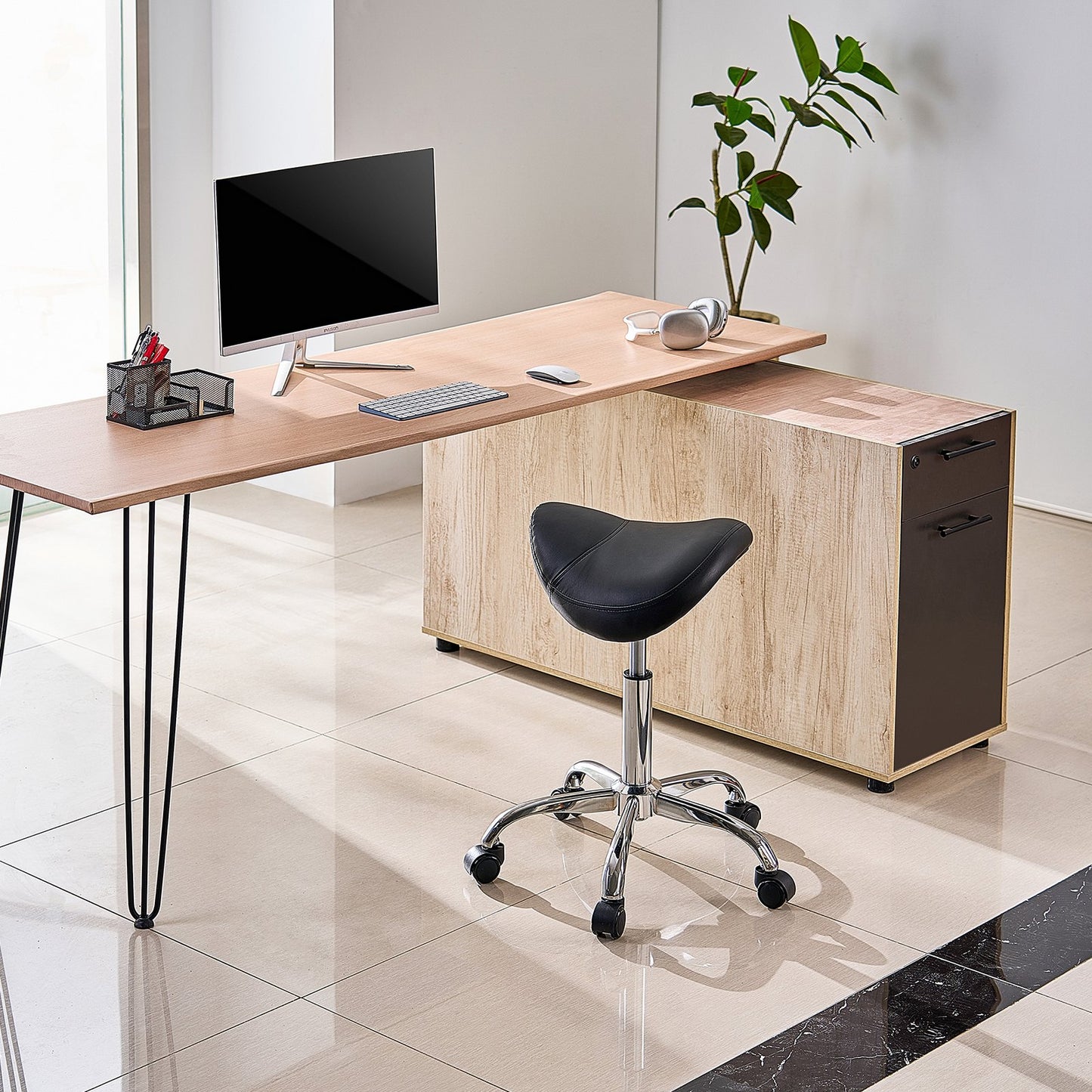 Ergonomic Saddle Stool with Wheels - Height Adjustable Black