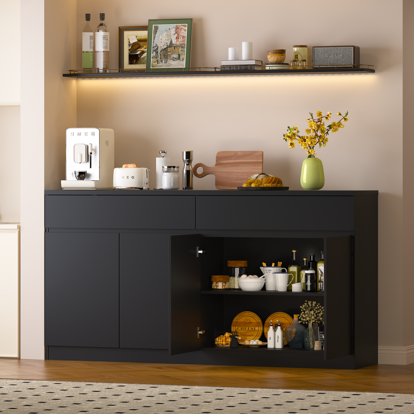 Large Black Sideboard Buffet Cabinet with Storage & 2 Drawers