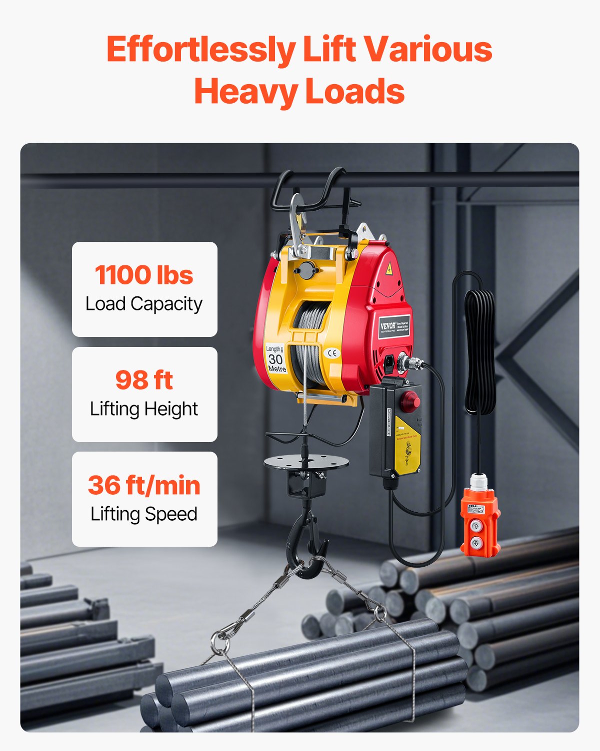 Electric Hoist Winch 1100LBS Wireless Remote Control Heavy Lifting Tool