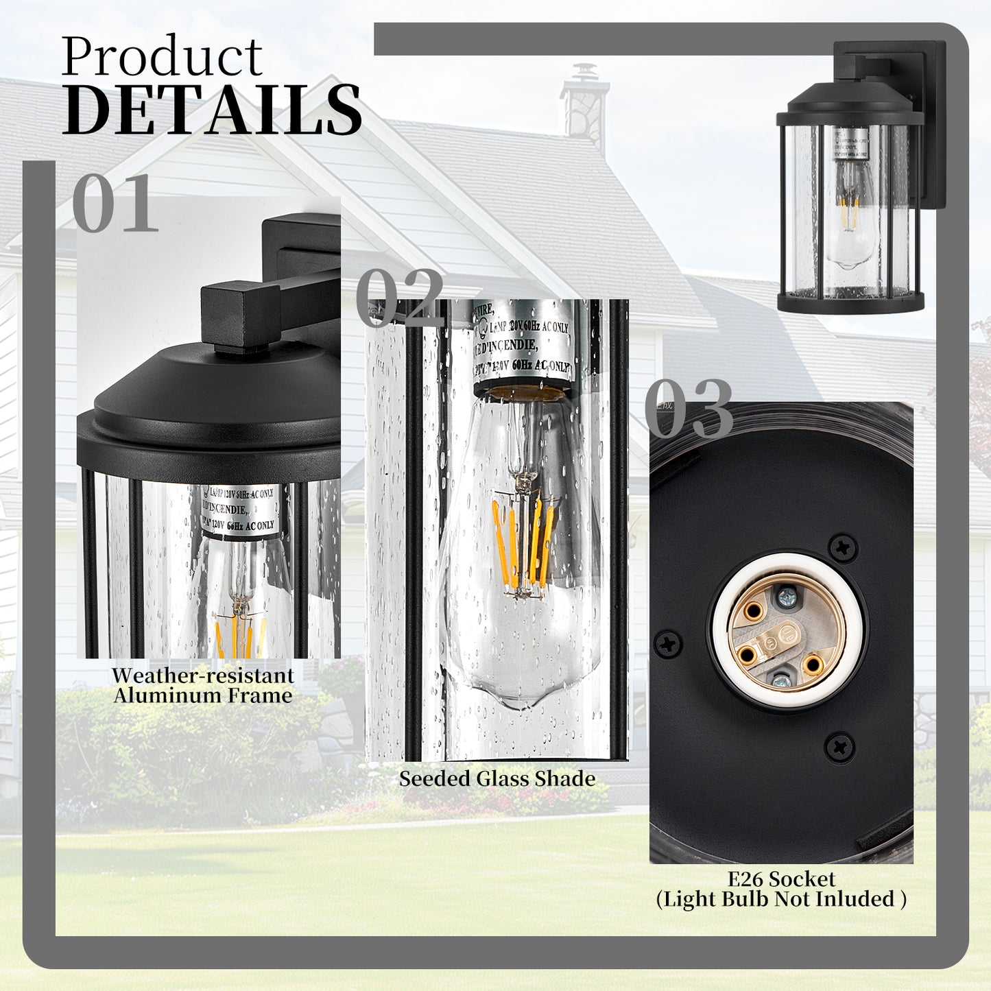 Outdoor Wall Sconce 2 Pack - Black LED Lantern Fixtures for Porch Garden