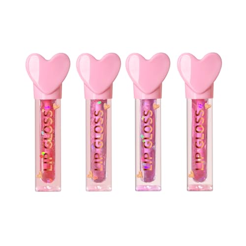4pc Heart Charm Lip Gloss Stick for Girls - Glossy Fruity Lip Set | Non Toxic Party Favors, Teen Makeup Gift with Cute Topper (4 Pack)