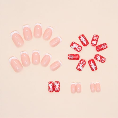 24Pcs Christmas Press-on Nails Medium Square Coffin Shaped White French Tip Nails Tips Full Cover Glue on Nails Xmas Tree Deer Snowflake Design Christmas False Nails