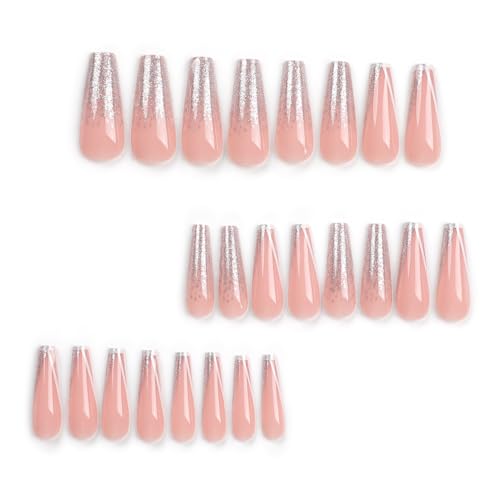 Press on Nails Long Coffin French Acrylic Fake Nails with Silver Glitter Design Glue on Glossy Full Cover Artificial Gel False Stick on Nail for Girls Women Wedding Manicure Gifts 24Pcs