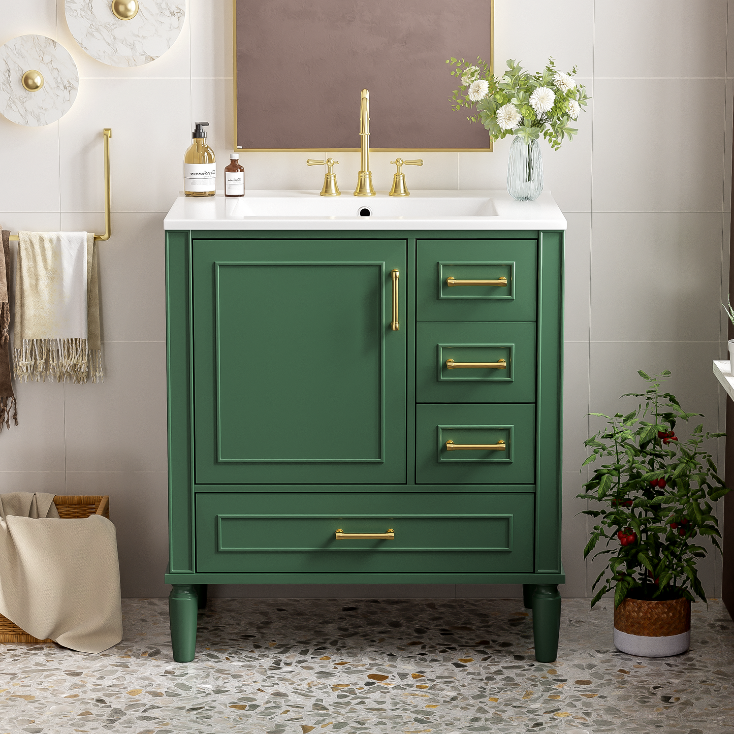 30" Green Bathroom Vanity Set with Soft Close Doors & Gold Handles