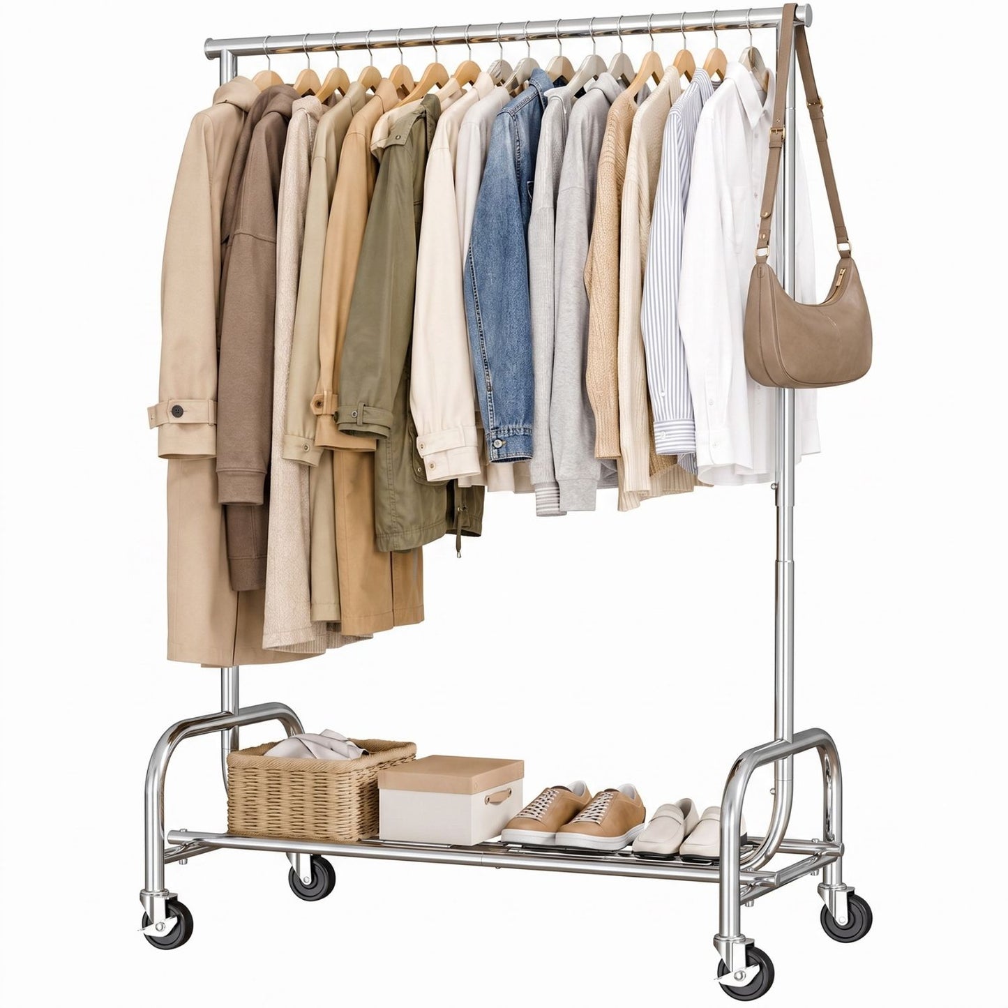 Adjustable Height Clothes Rack with Wheels - Portable Garment Stand