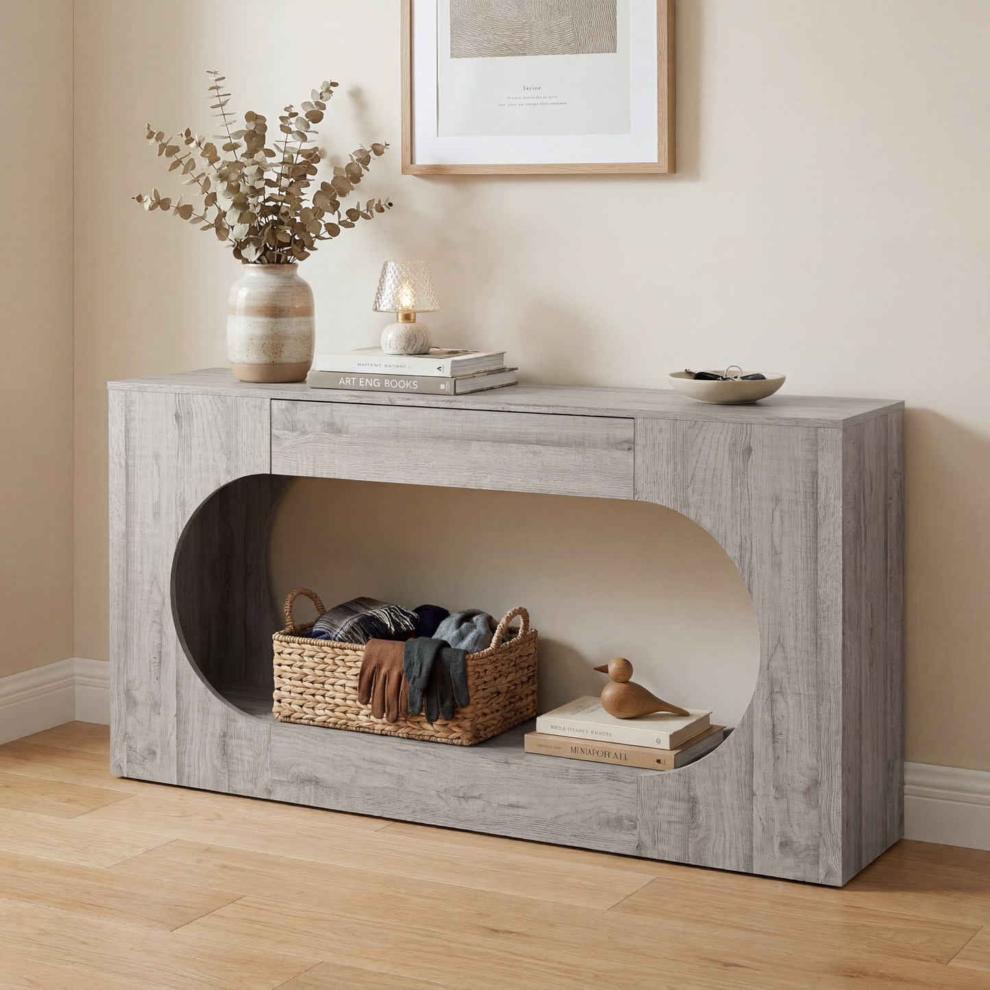 Grey Wood Grain Console Table with Storage Drawer - 63"