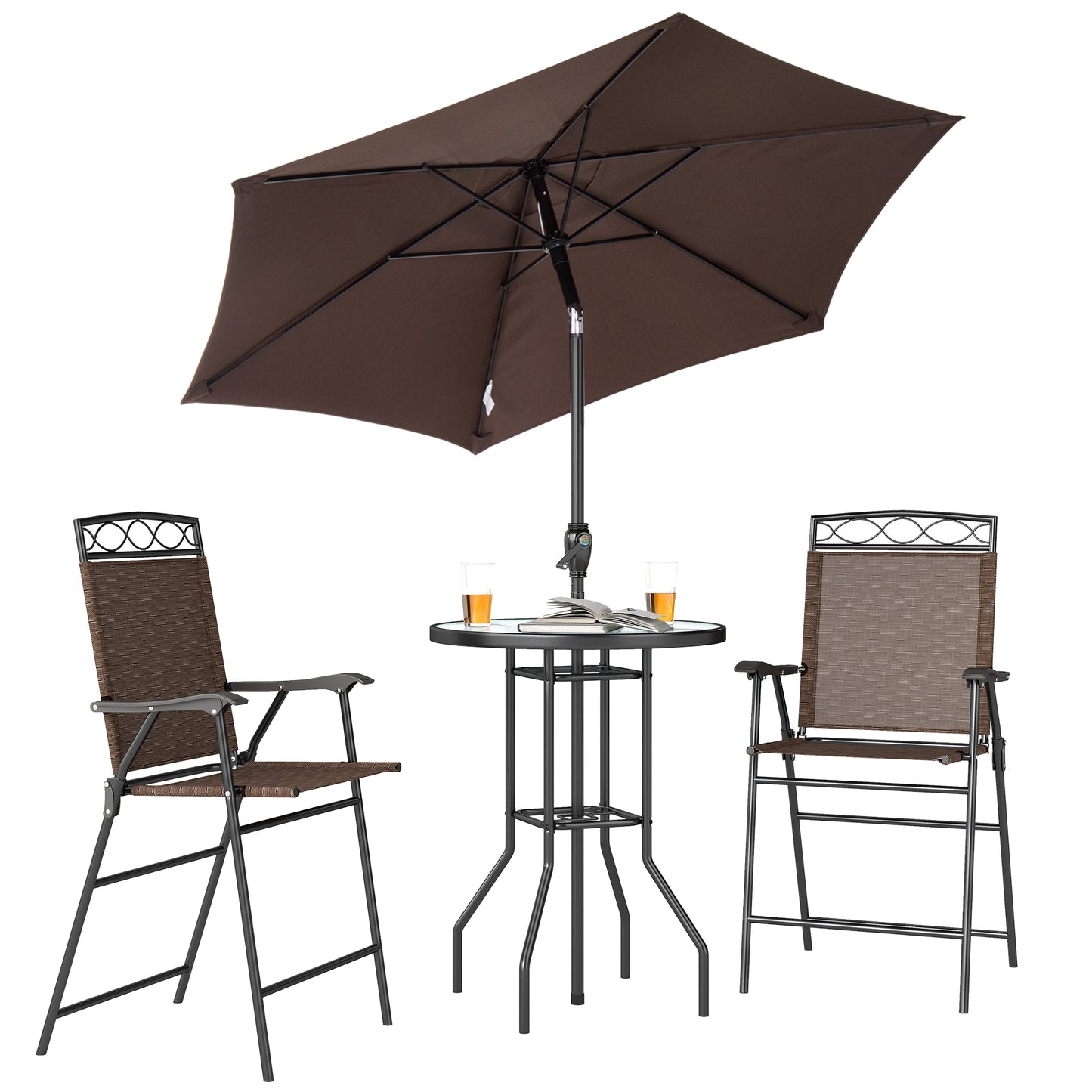 4-Piece Outdoor Bar Set with Umbrella and Folding Chairs - Brown