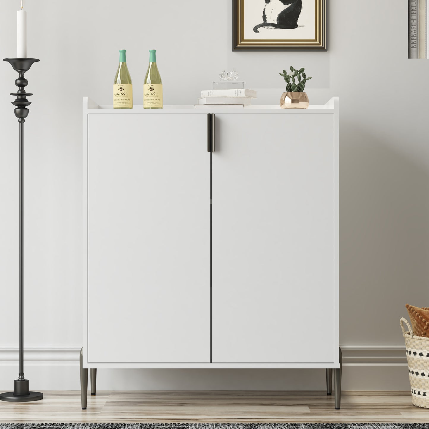 2 Doors Home Wine Bar Cabinet With Rack & Adjustable Storage Shelf,