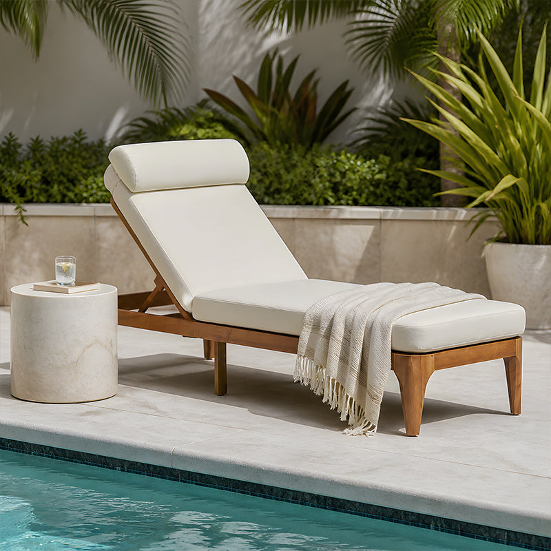 Acacia Wood Chaise Lounge Chair - Outdoor Recliner with Adjustable Backrest, Beige