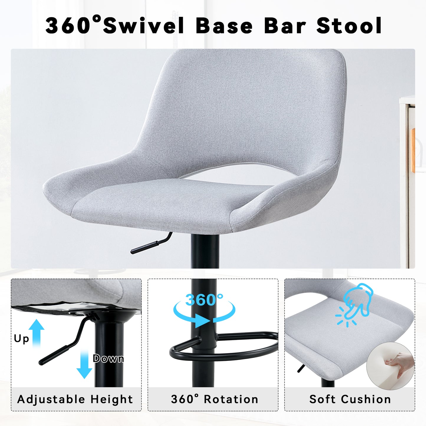 Modern Swivel Adjustable Bar Stools Set - 2 Pack, Light Gray Linen