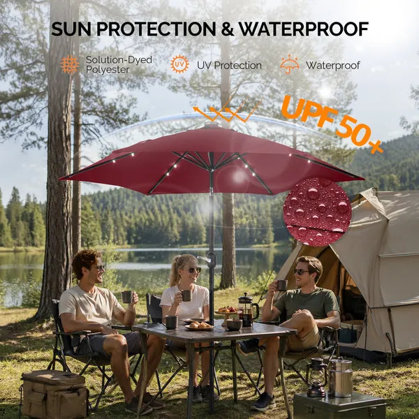 9ft Solar LED Patio Umbrella - Waterproof Burgundy with Tilt & Crank