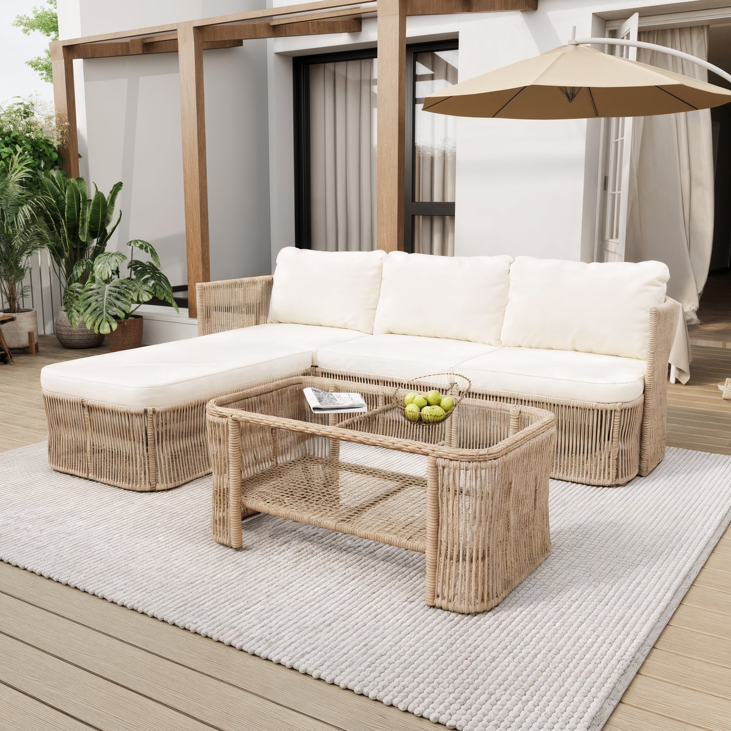 Outdoor Rattan Patio Furniture Set - Dark Beige Wicker Sofa
