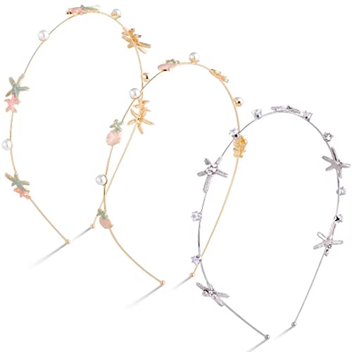 3pcs Rhinestone Starfish Headbands Handmade Pearl Seashell Mermaid Headbands Crystal Hair Hoops Bridal Headpiece Vine Tiara Halloween Beach Wedding Hair Accessories for Bride Women Silver Gold