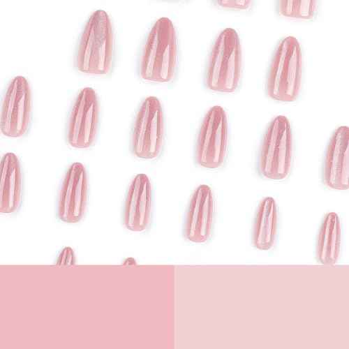 24 Pcs Cat's Eye Press on Nails Short Almond - YEFIUO Rose Pink Nail Tips Acrylic Nail Kit Short Nail Art Cute Fake Nails Press ons French Tip Glue on Nails Full Cover Glitter False Nails for Women
