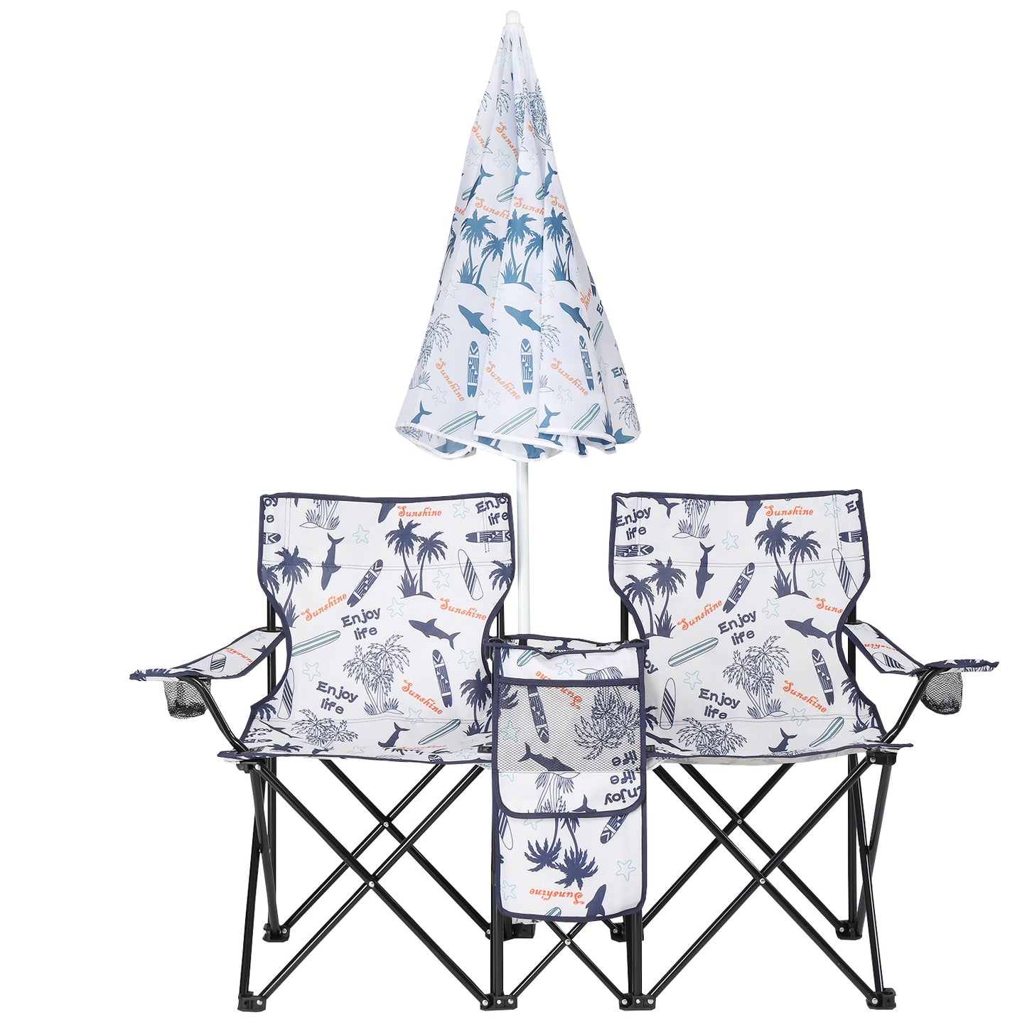 Portable Outdoor 2-Seat Fishing Chair with Removable Umbrella - Coconut Tree Pattern