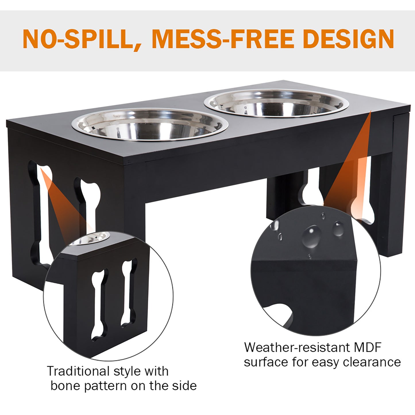 23-Inch Modern Elevated Dog Bowl Set with Stainless Steel Bowls - Black