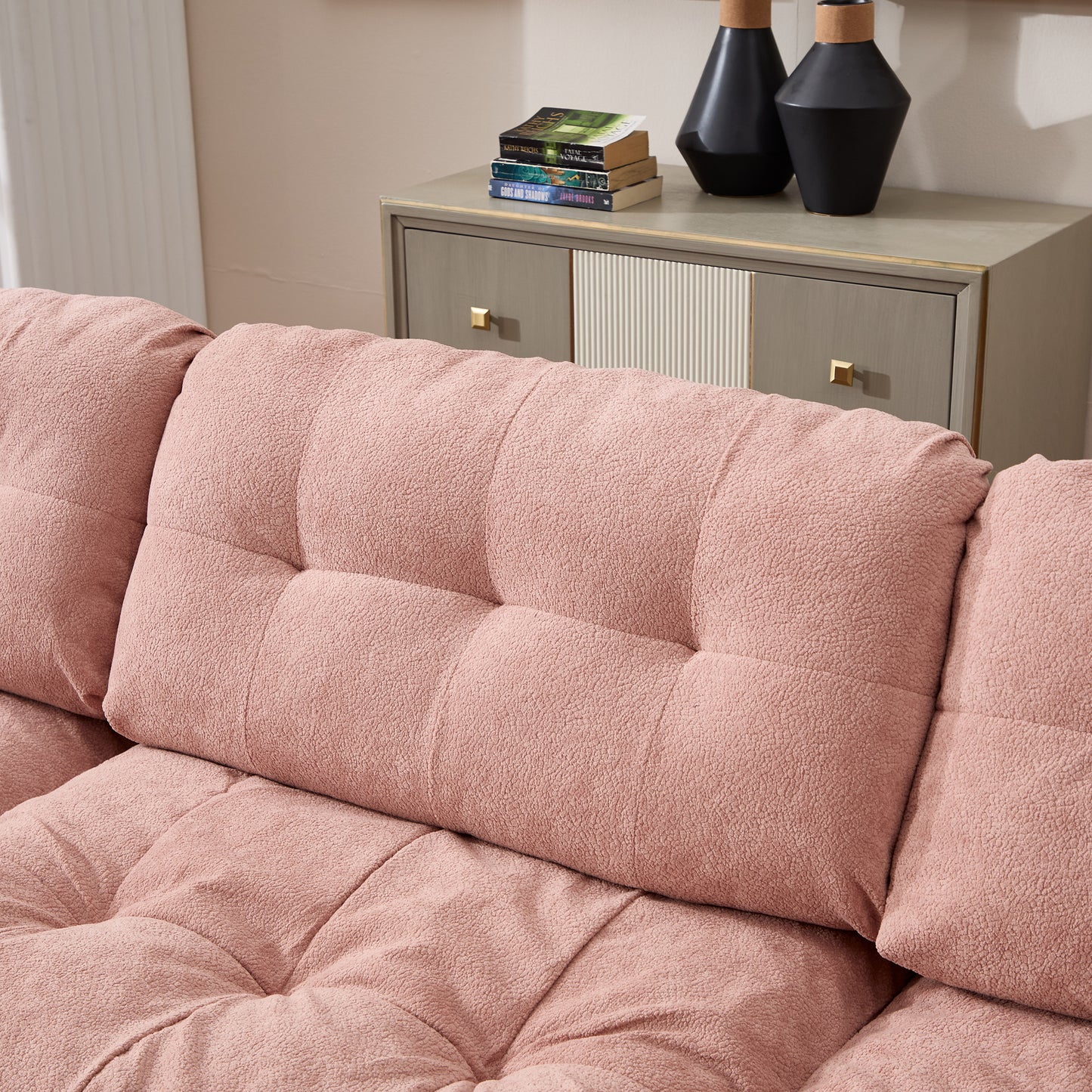 L-Shaped Modular Sectional Sofa - Pink Cloud Couch with 6 Pillows