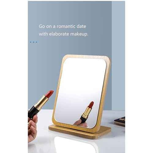 1 PC Rectangular Compact Table Mirror Vertical Wood Frame Mirror Table Mirror 90 Degree Rotation Makeup Mirror Back Stand Makeup Mirror (Vertical)