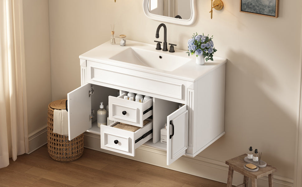 36-Inch Wall-Mounted Bathroom Vanity with Ceramic Sink - White