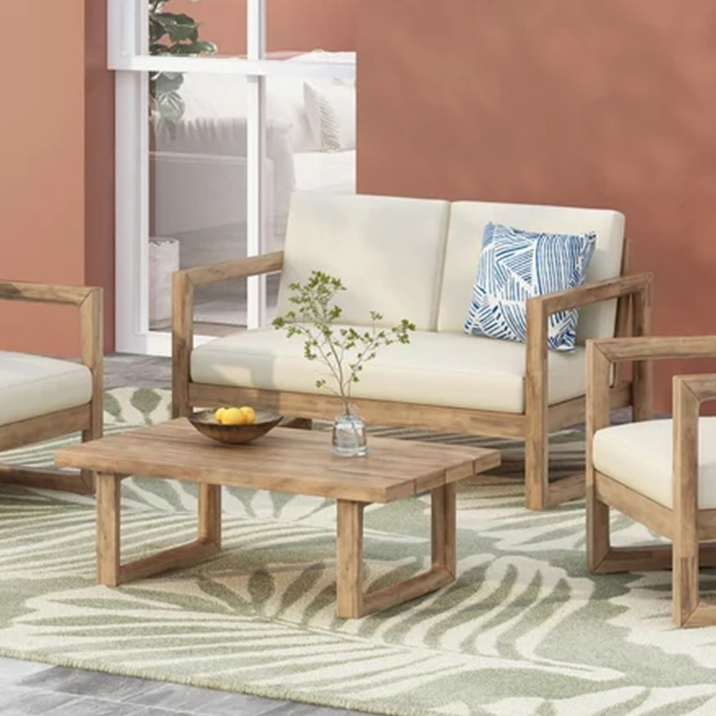 Outdoor Acacia Wood Loveseat And Coffee Table Set With Cushions,