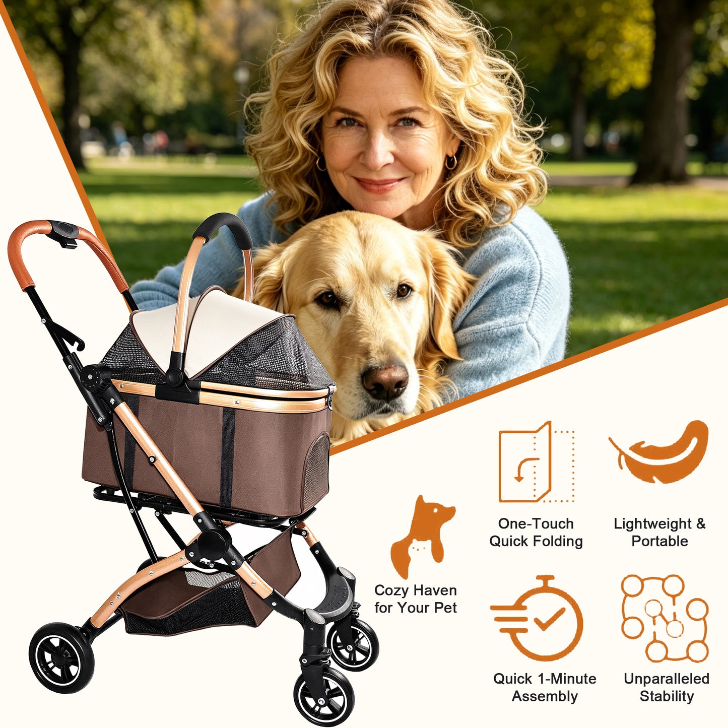 Pet Stroller for Dogs Cats 2-in-1 Foldable Sun Canopy Travel Carrier Khaki