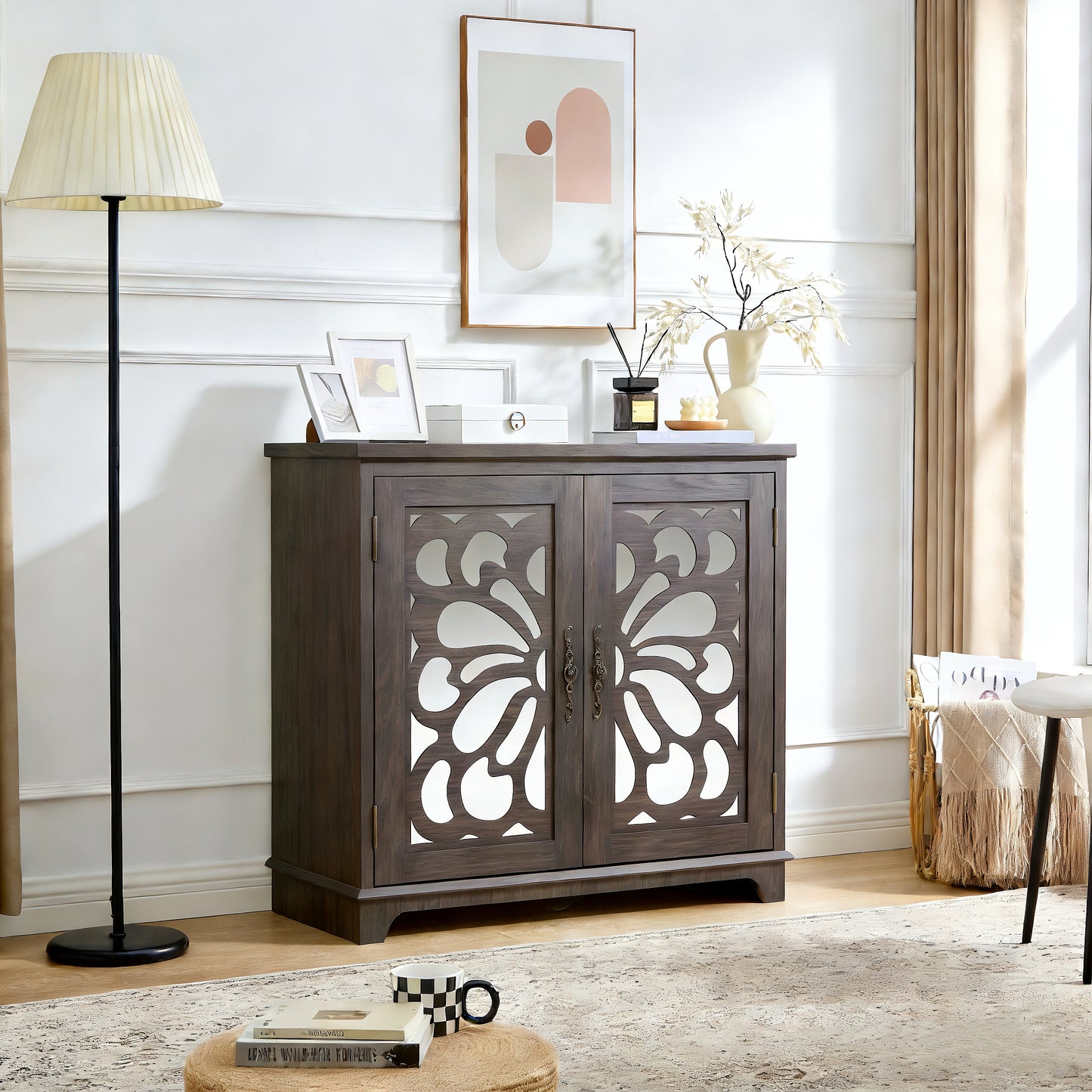 Elegant Sideboard With 2 Acrylic Mirrored Doors And Buffet Storage,