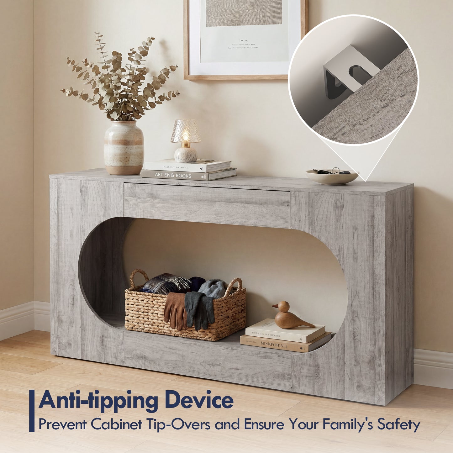 Grey Wood Grain Console Table with Storage Drawer - 63"