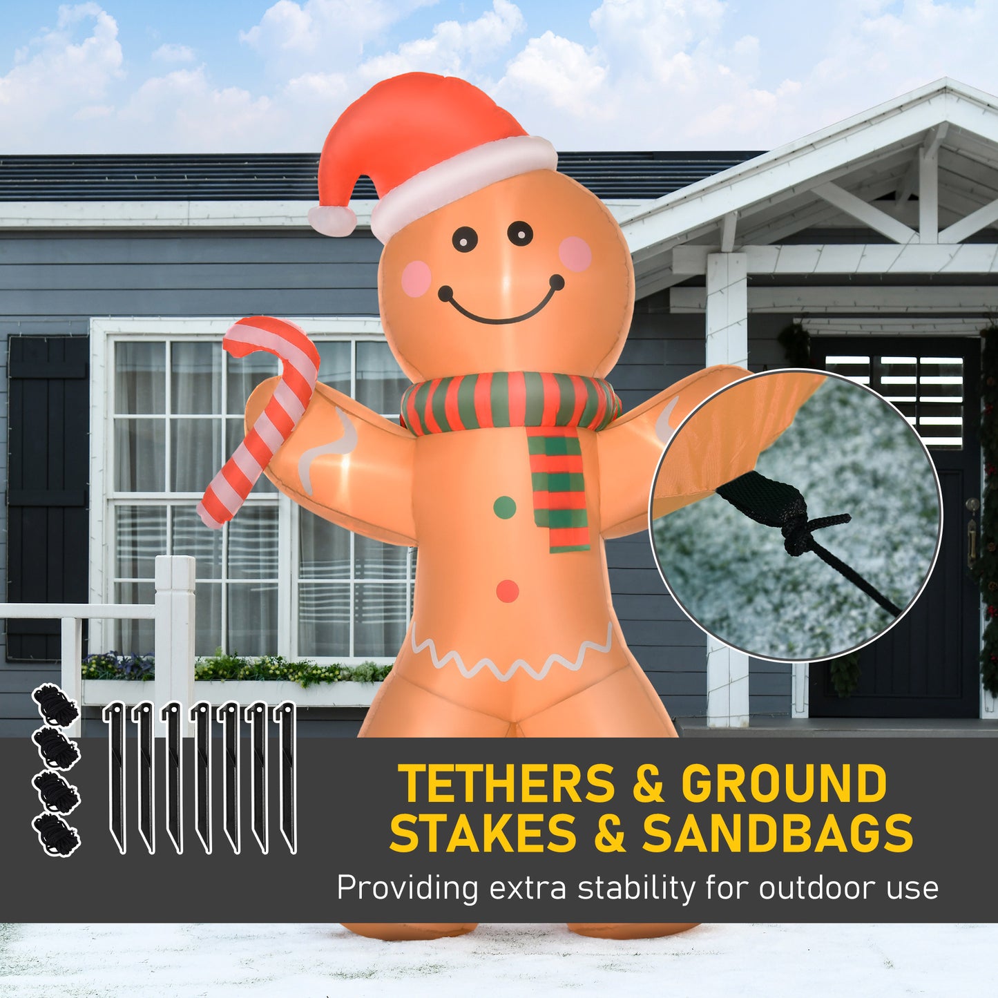 8ft Inflatable Gingerbread Man with Candy Cane - LED Lights