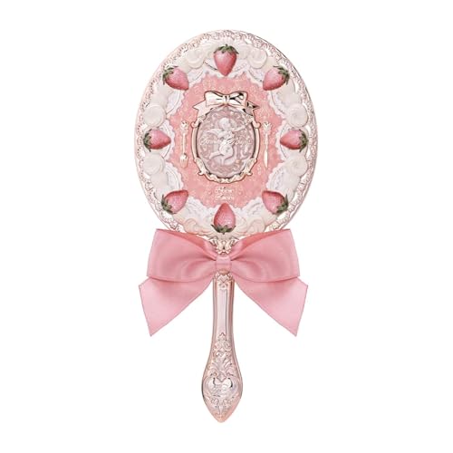 Flower Knows Strawberry Cupid Hand Mirror,Vintage Handheld Mirror,Fancy & Pretty Princess Mirror with Long Handle,Gift for Girls & Women(Milk Pink)