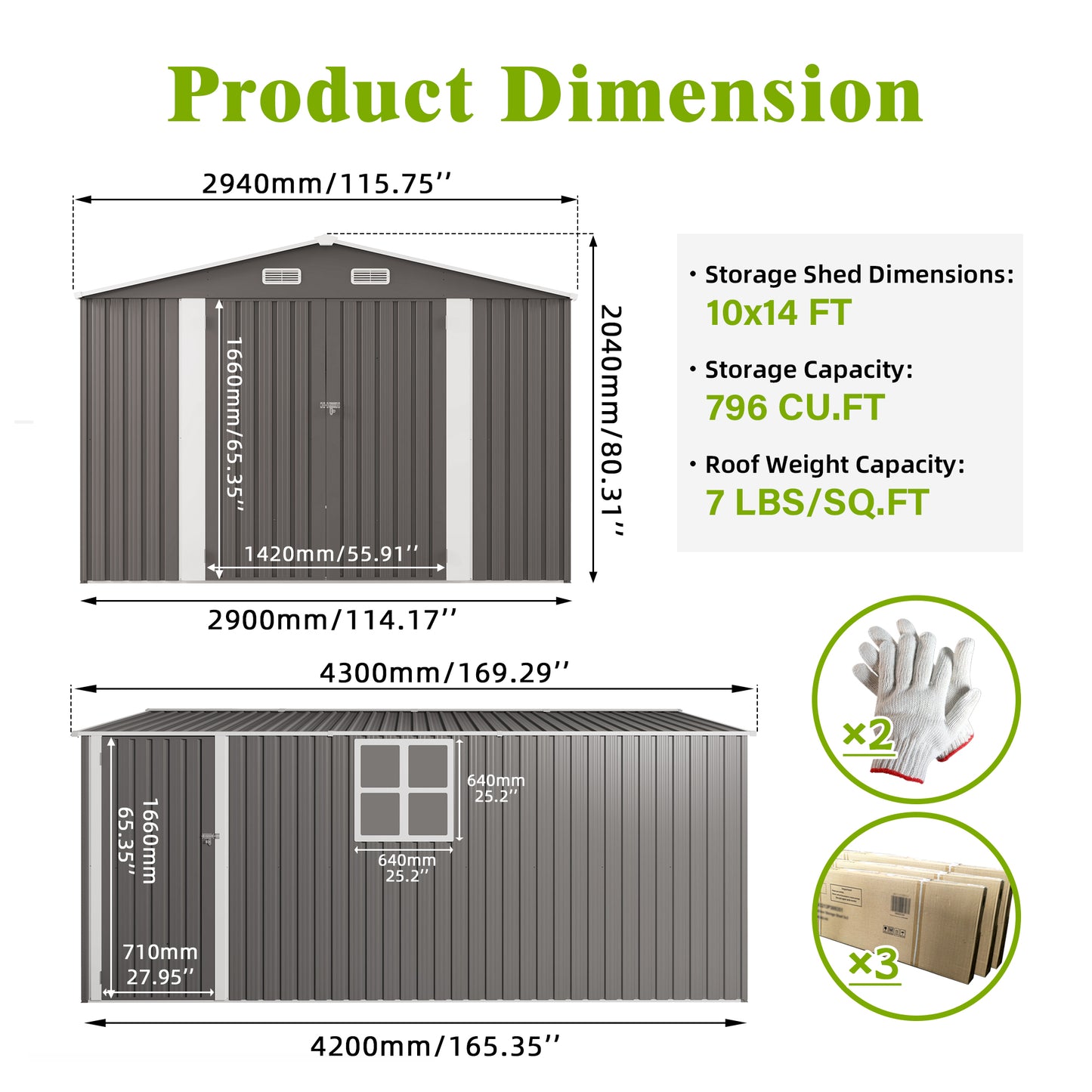 10x14 FT Outdoor Metal Storage Shed, Durable Garden Shed With Three