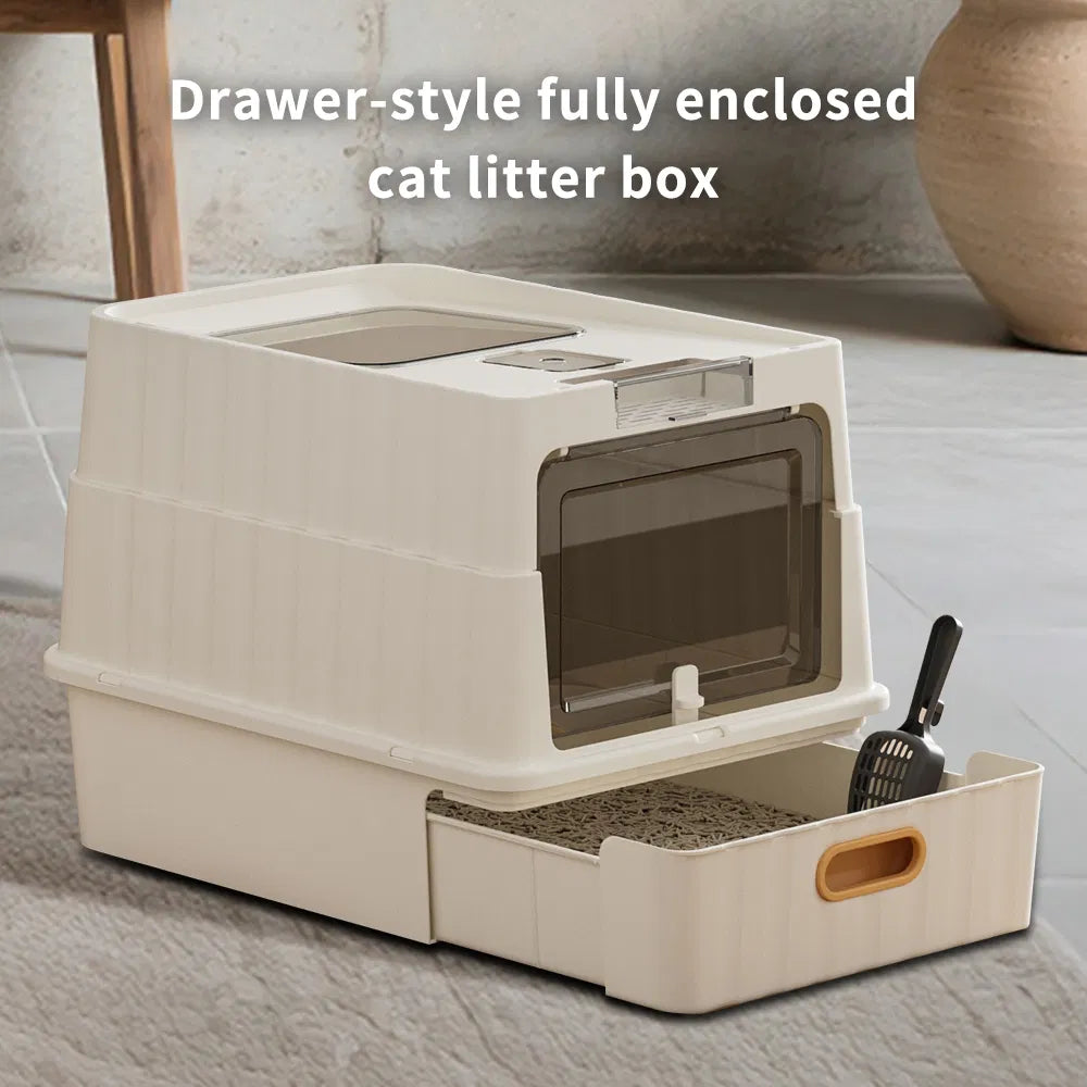 White Cat Litter Box with Drawer Style Design, Spacious & Hygienic